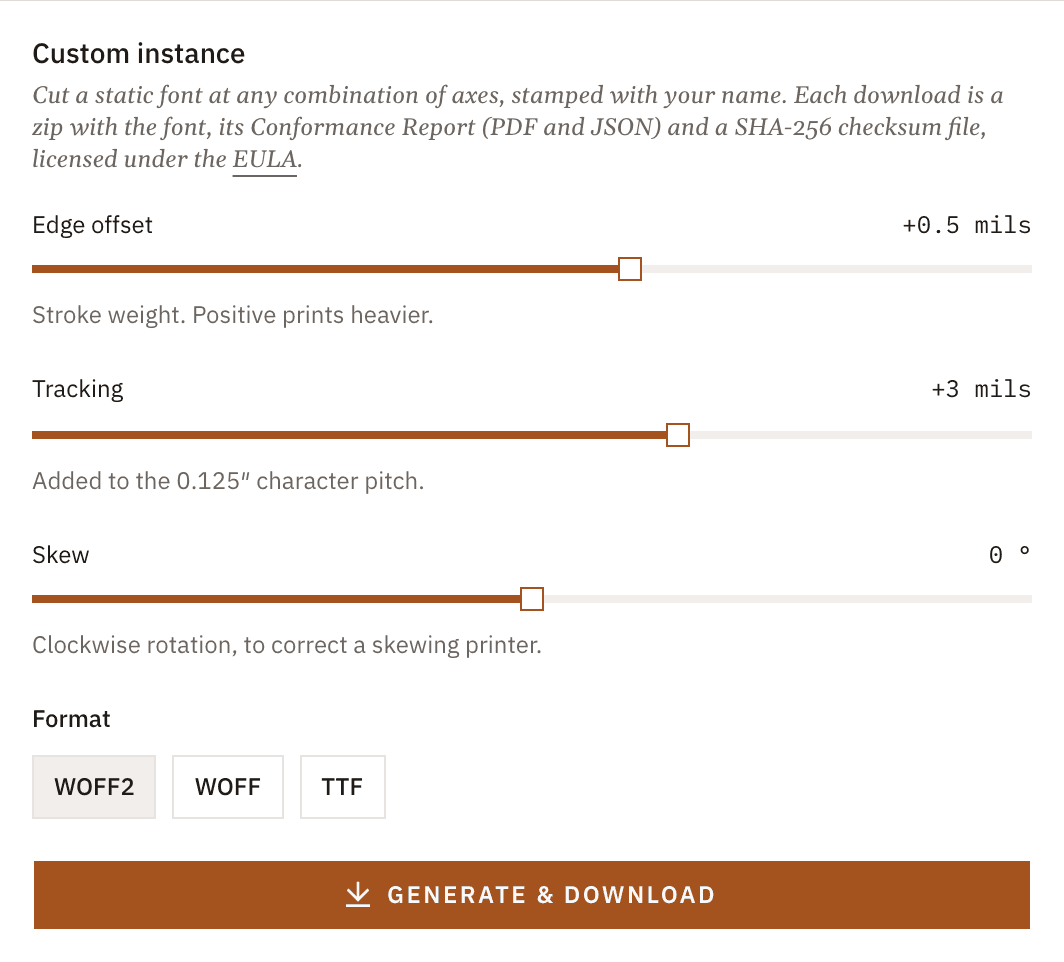 The Custom instance card on the account page with Edge offset at +0.5 mils, Tracking at +3 mils, Skew at 0°, WOFF2 selected and a Generate & download button.
