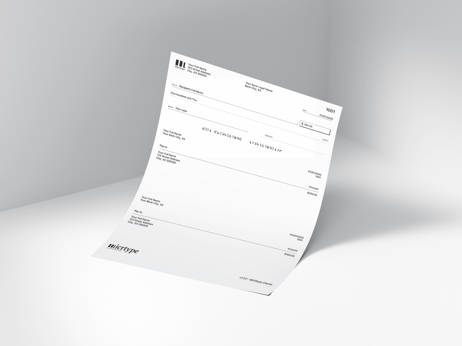 Mockup of MICRtype check template